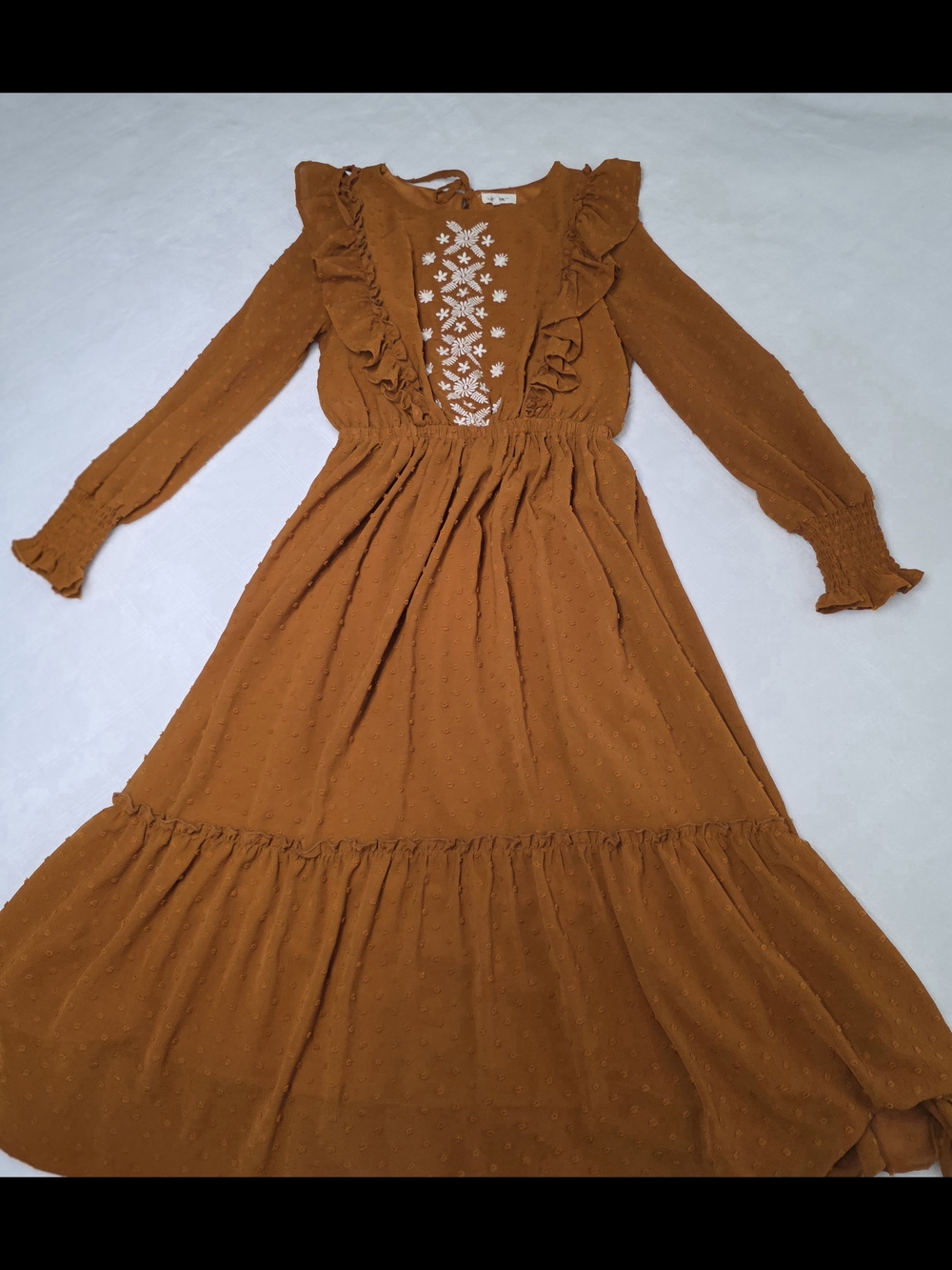 Boho Ruffle Embroidered Maxi Dress in Rust